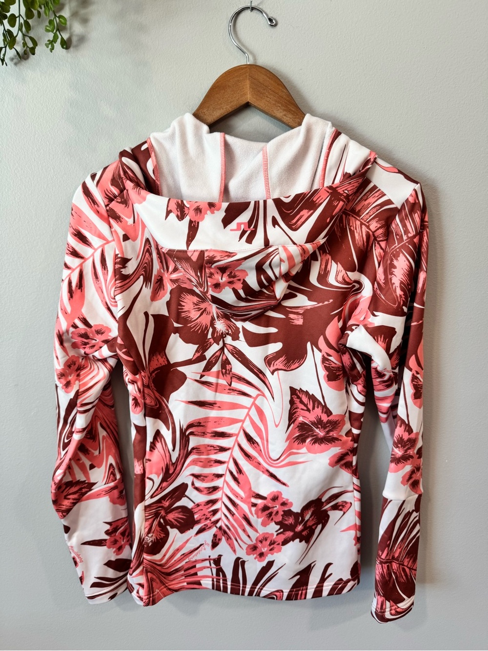 J.Lindeberg White Hoodie with Pink & Burgundy Tropical Print Sz S - Picture 4 of 7
